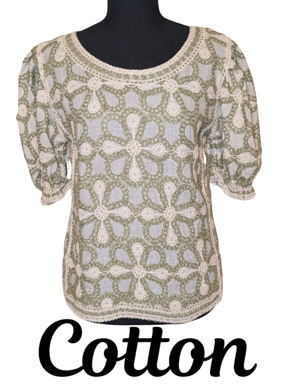 Solitaire Sage Green & Cream Embroidered Cotton Blouse